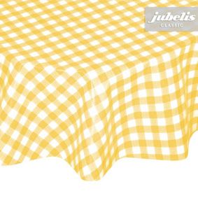 Mantel lavable amarillo a cuadros confeccionado de forma redondeada